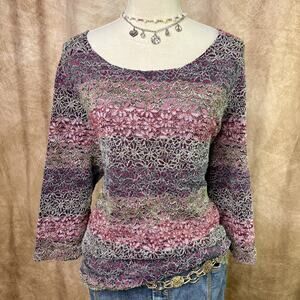 Vintage Y2K Floral Mesh Top Multicolor Ombre Striped Wide Neck 3/4 Sleeve Boho